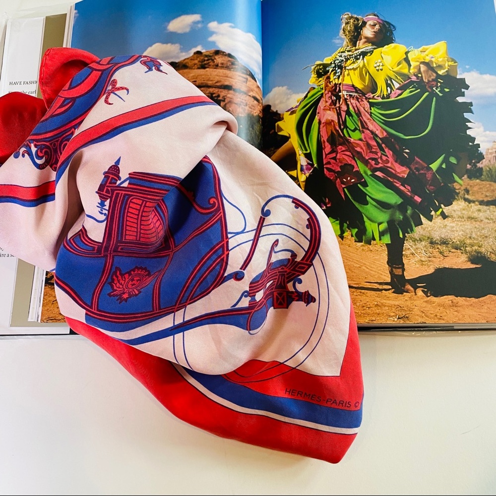HERMES Vintage Silk Scarf Ex Libris Hugo Grygkar Horse Carriage Rare 34" x 35.5"